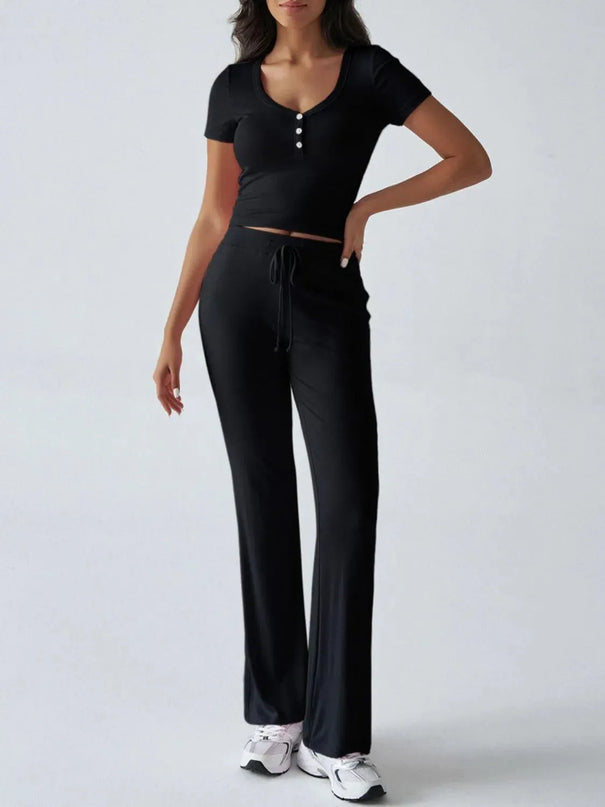 Devine Short Sleeve Top and Drawstring Pants Set - ShopEasier