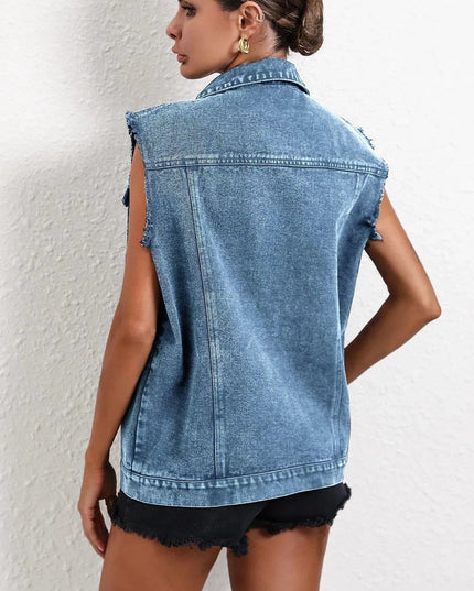 Pocketed Collared Neck Sleeveless Denim Top - ShopEasier