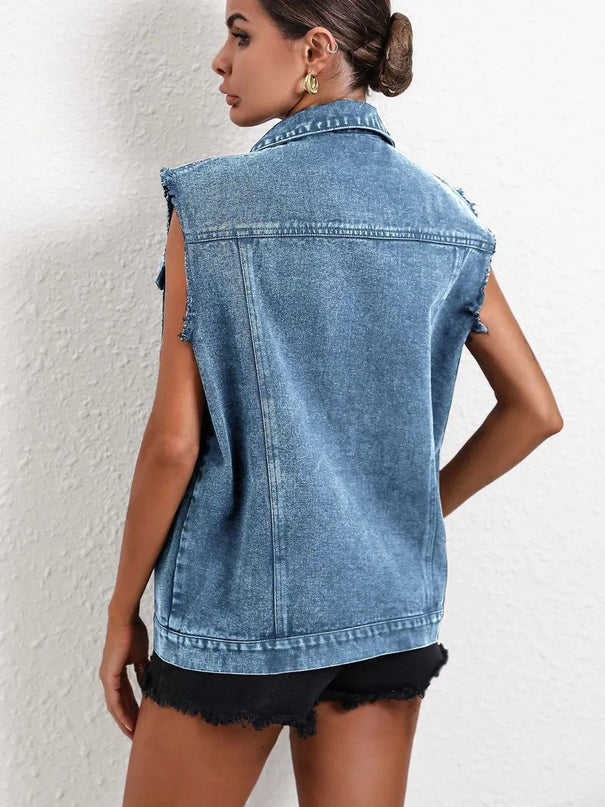 Pocketed Collared Neck Sleeveless Denim Top - ShopEasier