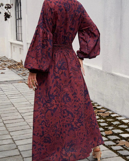 Devine Split Printed Surplice Long Sleeve Midi Dress - ShopEasier