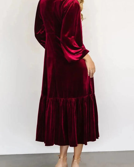 V-Neck Long Sleeve Midi Velvet Dress