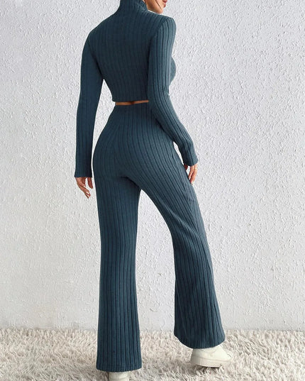 Honey Ribbed Mock Neck Cropped Sweater & High Waist Pants Set - ShopEasier