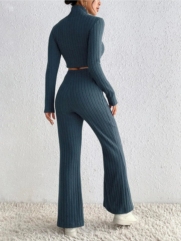 Honey Ribbed Mock Neck Cropped Sweater & High Waist Pants Set - ShopEasier