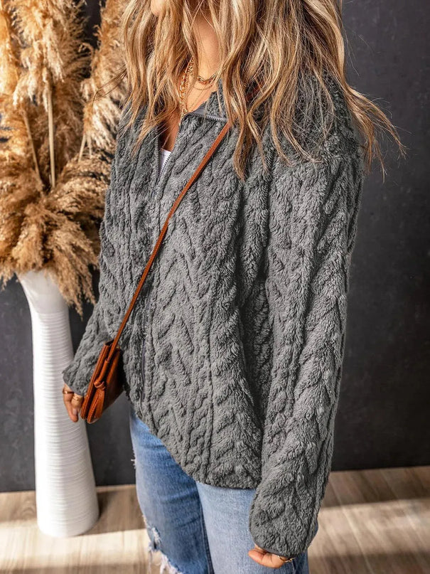 Fuzzy Zip Up Long Sleeve Jacket - ShopEasier