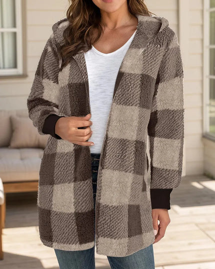 Plaid Long Sleeve Hooded Coat - ShopEasier