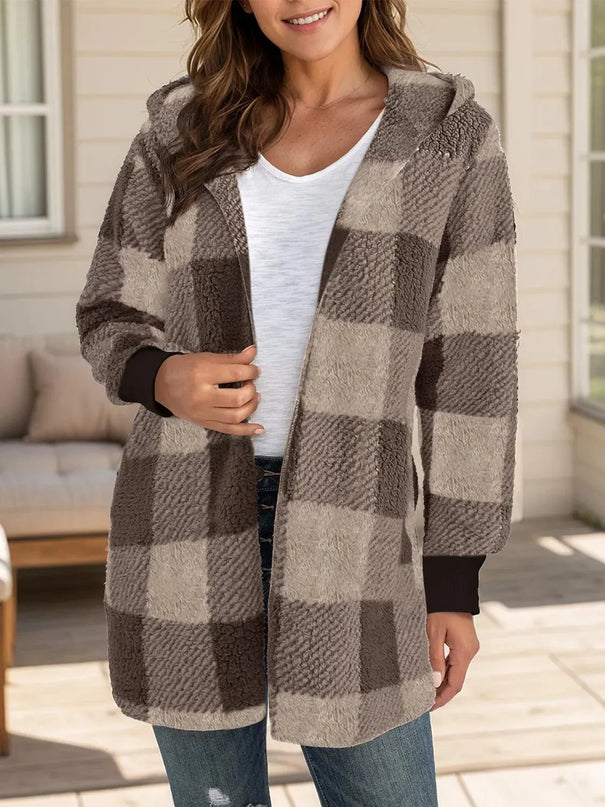 Plaid Long Sleeve Hooded Coat - ShopEasier