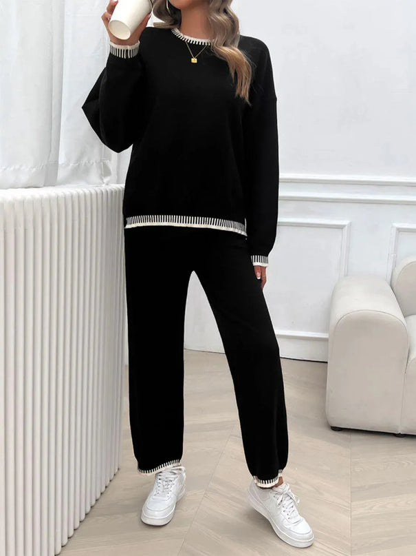 Chic Dropped Shoulder Sweater Set with Round Neck Top and Pants