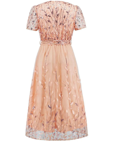 Sequin Leaf Embroidery Tie Front Short Sleeve Dress