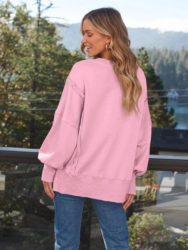 Slit Round Neck Long Sleeve Sweatshirt - ShopEasier