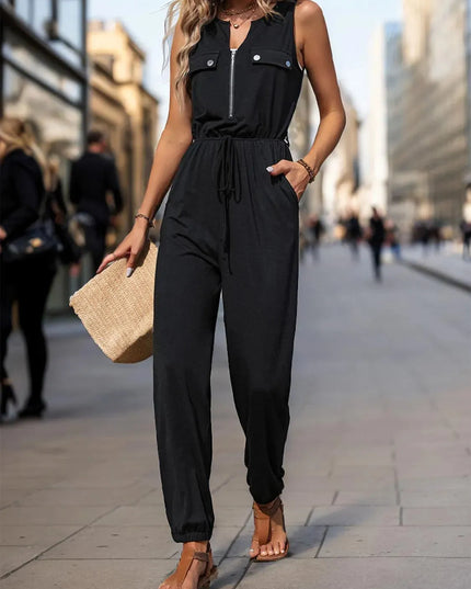 Perfee Half Zip Sleeveless Jumpsuit with Pockets - ShopEasier