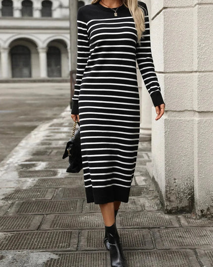 Striped Round Neck Long Sleeve Dress - ShopEasier