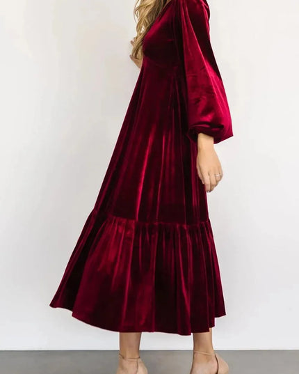 V-Neck Long Sleeve Midi Velvet Dress