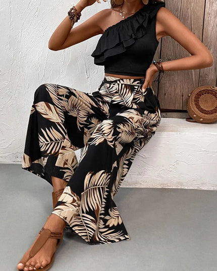 Honey Ruffled Sleeveless Blouse and Patterned Trousers Set