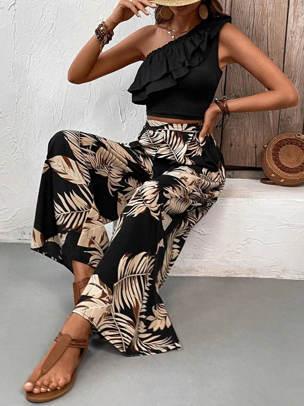 Honey Ruffled Sleeveless Blouse and Patterned Trousers Set