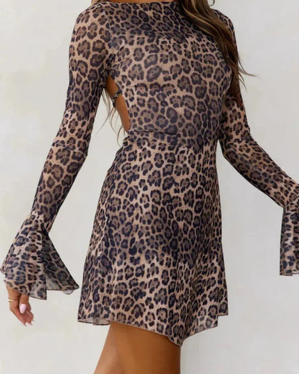 Backless Leopard Flare Sleeve Dress