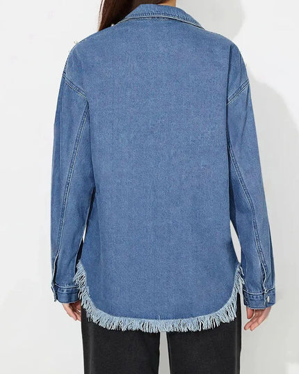 Raw Hem Pearl Trim Collared Neck Denim Top - ShopEasier