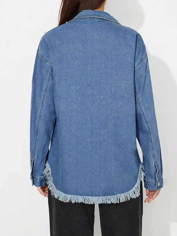 Raw Hem Pearl Trim Collared Neck Denim Top - ShopEasier