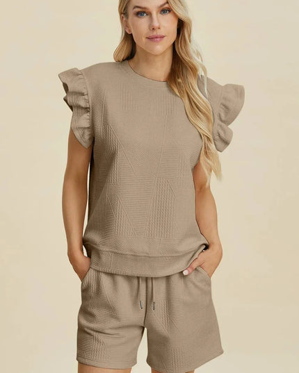 Chic Ruffled Sleeve Top and Shorts Set - Full Size Fashion Ensemble