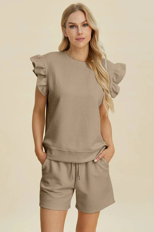 Chic Ruffled Sleeve Top and Shorts Set - Full Size Fashion Ensemble