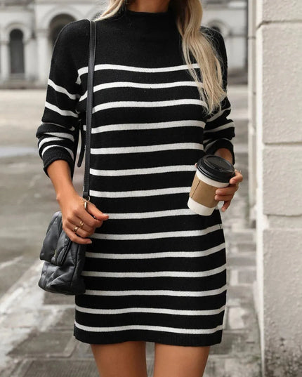 Striped Mock Neck Long Sleeve Mini Dress - ShopEasier