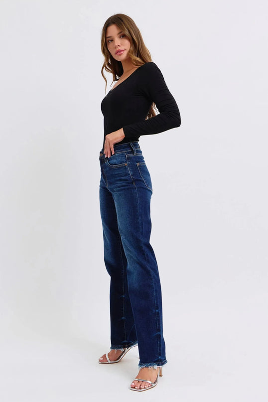 Judy Blue Full Size Raw Hem Straight Leg Jeans - ShopEasier