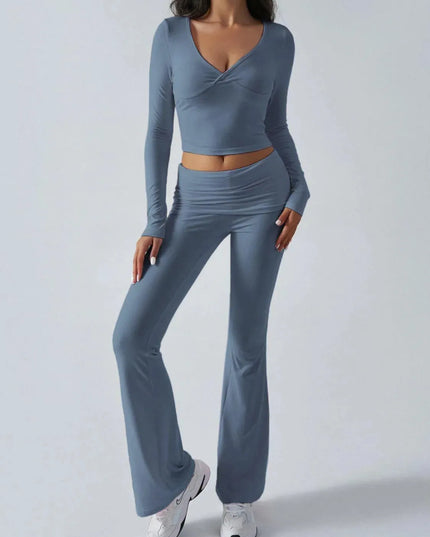 Chic Ruched Long Sleeve Top and Pants Ensemble