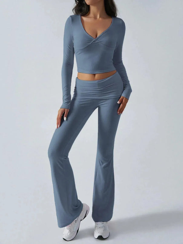 Chic Ruched Long Sleeve Top and Pants Ensemble