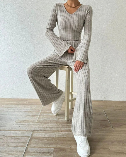 V-Neck Ribbed Long Sleeve Top with Pocketed Trousers Set