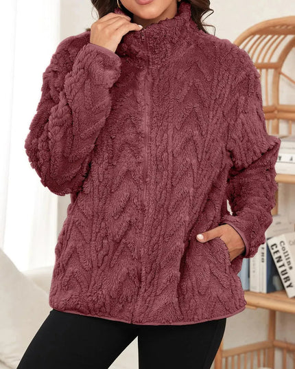 Fuzzy Zip Up Long Sleeve Jacket - ShopEasier