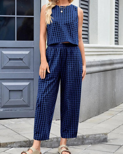 Lovelet Plaid Round Neck Sleeveless Top and Pants Set