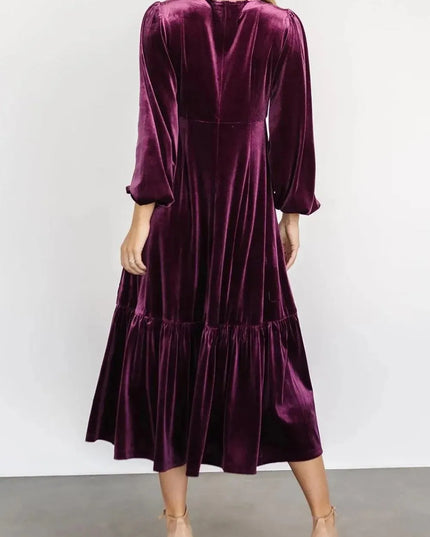 V-Neck Long Sleeve Midi Velvet Dress