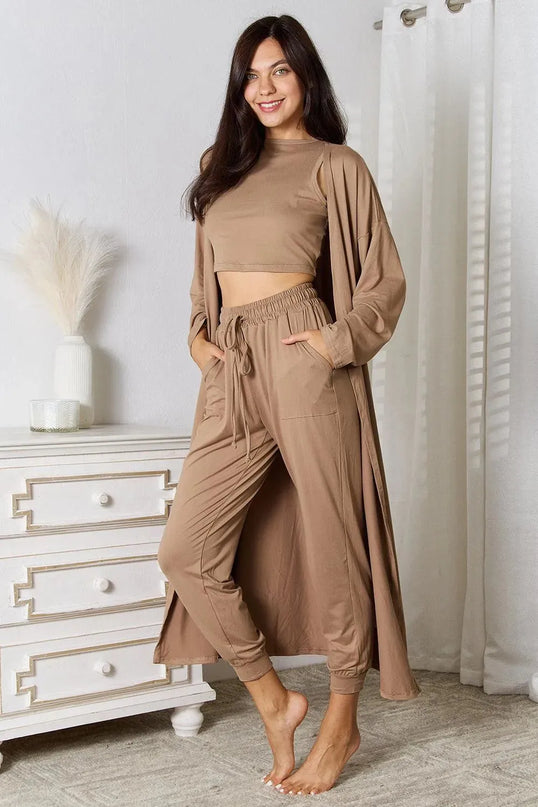 Three-Piece Tied Cardigan, Tank, and Pant Set with Pockets