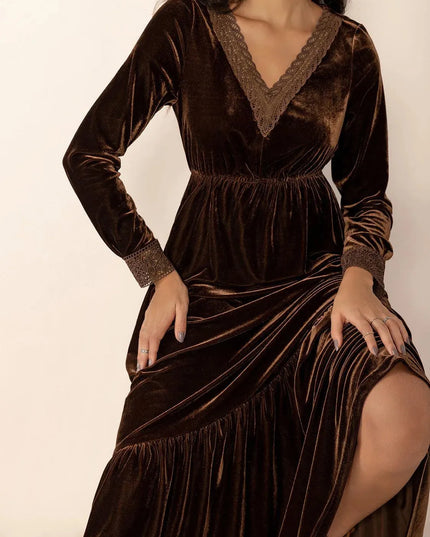 Lace Detail V-Neck Long Sleeve Maxi Dress