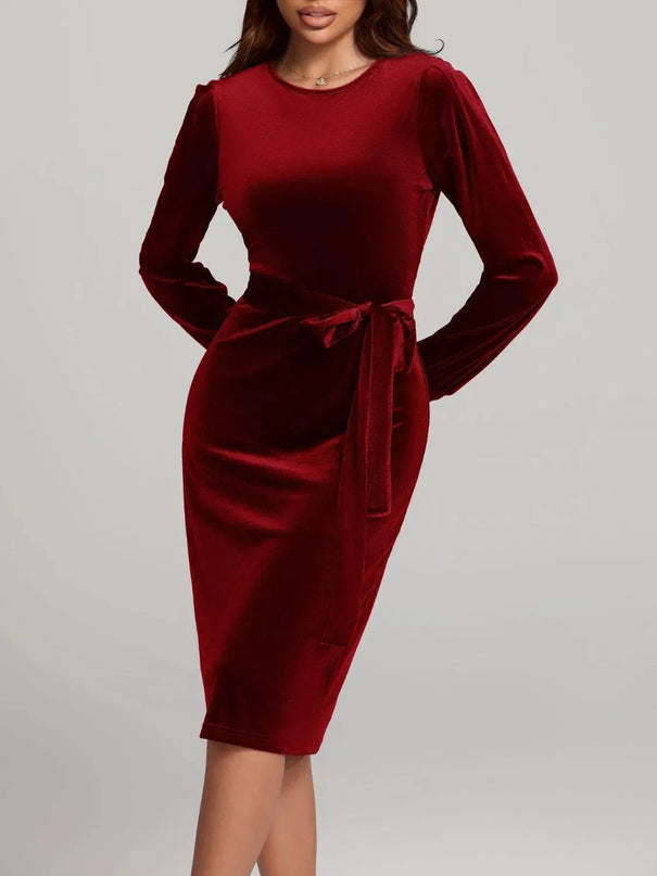 Round Neck Tie Waist Long Sleeve Velvet Dress - ShopEasier