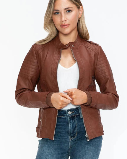 Snobbish PU Leather Biker Jacket with Side Zip Pockets - ShopEasier