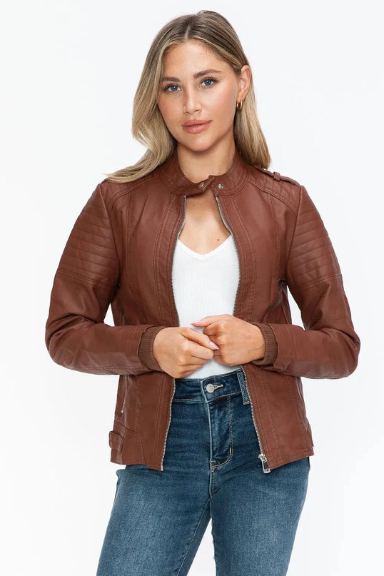 Snobbish PU Leather Biker Jacket with Side Zip Pockets - ShopEasier