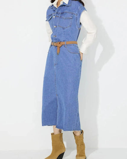 Slit Half Button Collared Neck Cap Sleeve Denim Dress - ShopEasier