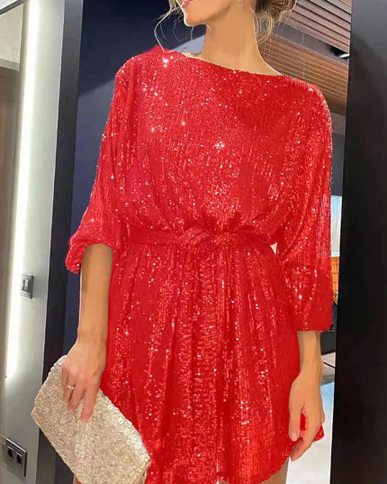 Sequin Tie Waist Long Sleeve Mini Dress