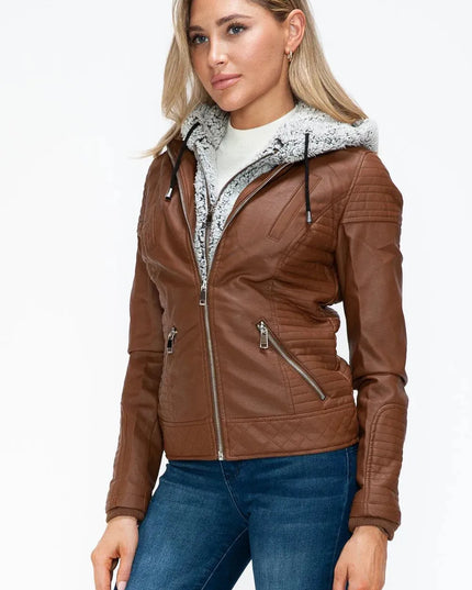 YMI Faux Layered Double-Zipper Jacket with Fuzzy Hood - ShopEasier