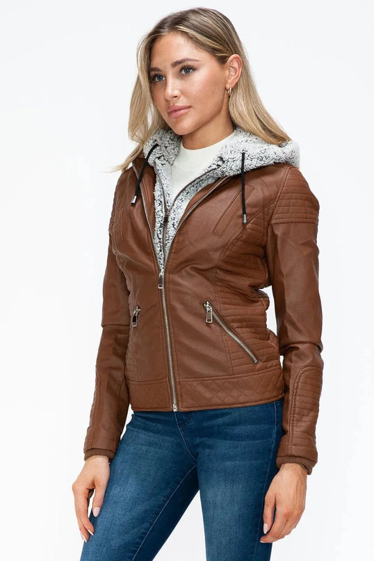 YMI Faux Layered Double-Zipper Jacket with Fuzzy Hood - ShopEasier