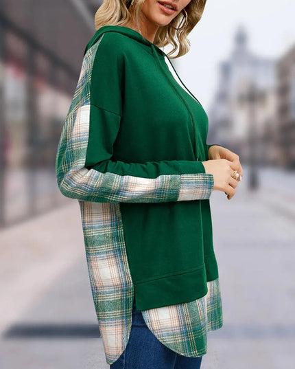 Plaid Drawstring Long Sleeve Slit Hoodie - ShopEasier