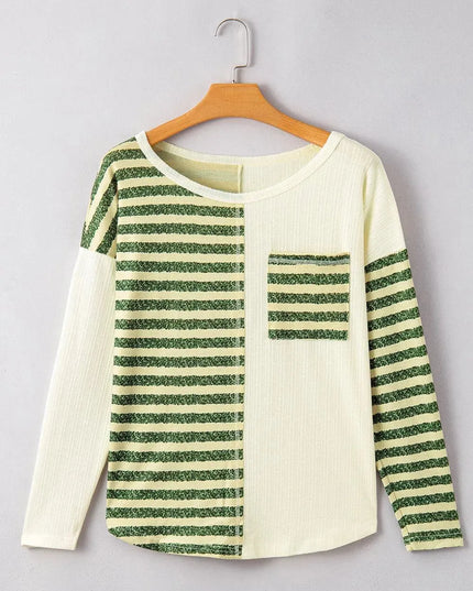 Pocketed Striped Long Sleeve Top with Round Neck