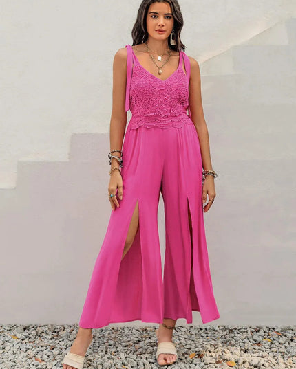 V-Neck Wide Strap Slit Jumpsuit - ShopEasier