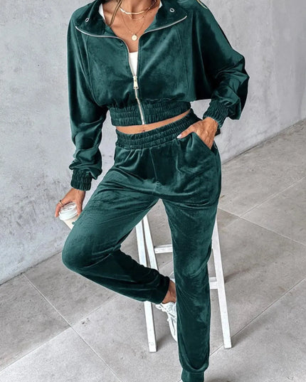 Zip Up Long Sleeve Cropped Top and Joggers Set - ShopEasier