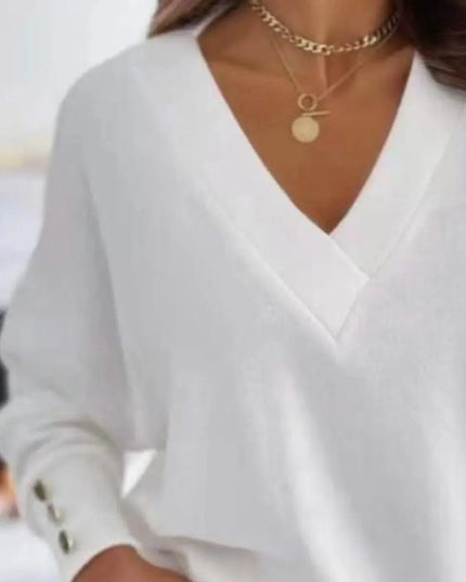 V-Neck Button-Detail Long Sleeve Pullover