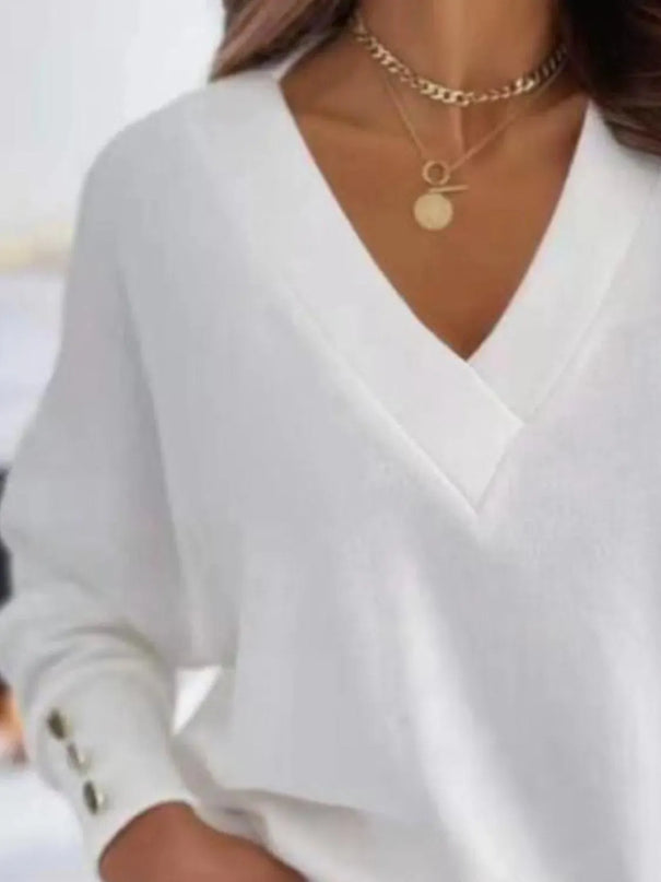 V-Neck Button-Detail Long Sleeve Pullover