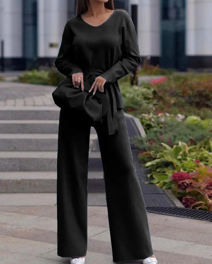 V-Neck Long Sleeve Top and Drawstring Pants Sweater Set - ShopEasier