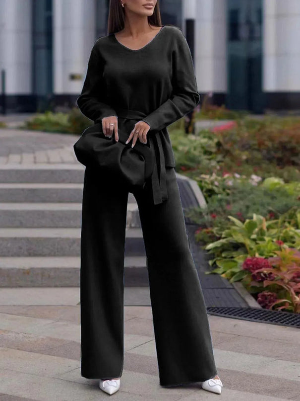 V-Neck Long Sleeve Top and Drawstring Pants Sweater Set - ShopEasier