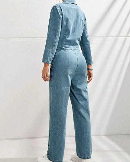 Half Button Long Sleeve Straight Leg Denim Jumpsuit - ShopEasier