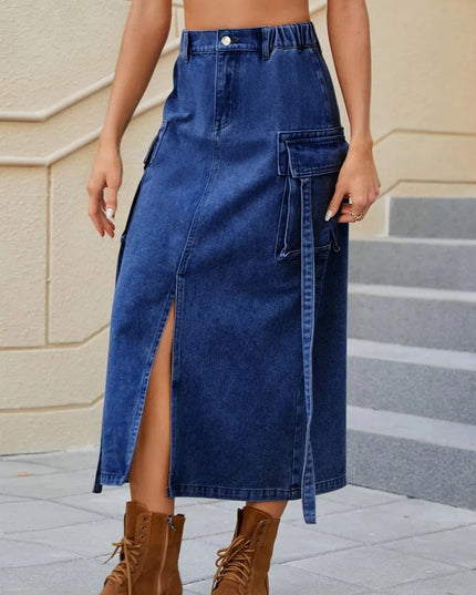 High-Waisted Denim Skirt with Slit Pockets